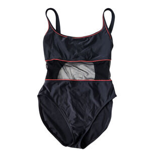 NWOT NEW LaBlanca Women One Piece Swimsuit Size 12 Black, Red Trim, Mesh Stomach